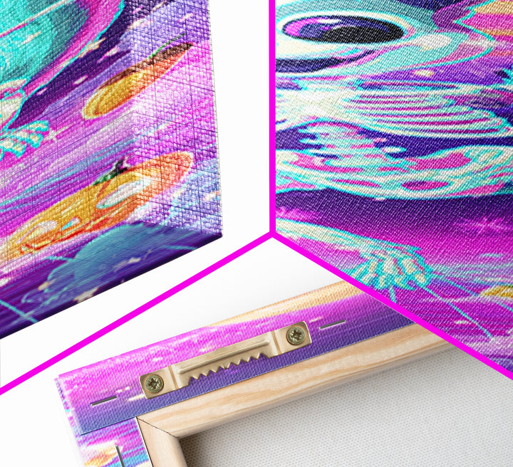 The Squirrel Skeleton, Synthwave Halloween Art, Tall Narrow Wall Art, Framed Canvas Print, Retro Halloween Decor, Neon Wall Art