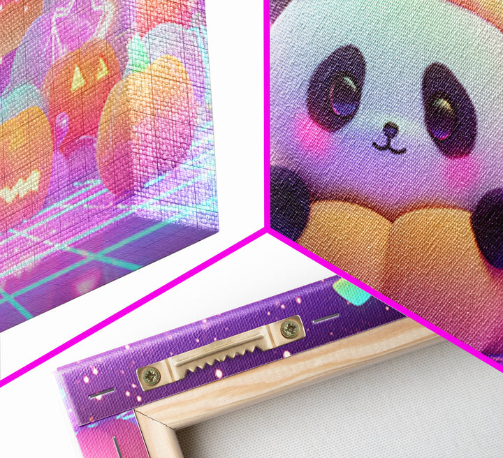 The Panda Pumpkin, 80s Halloween Wall Art, Wide Panoramic Art, Framed Canvas Print, Retro Halloween Decor, Neon Wall Art, Dark Fantasy Art