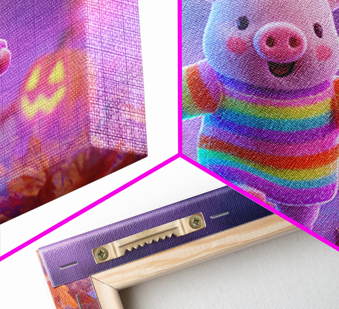 The Candy Corn Piglet, Cute Spooky Neon Art, Landscape Wall Art, Framed Canvas Print, Retro Halloween Decor, Neon Wall Art