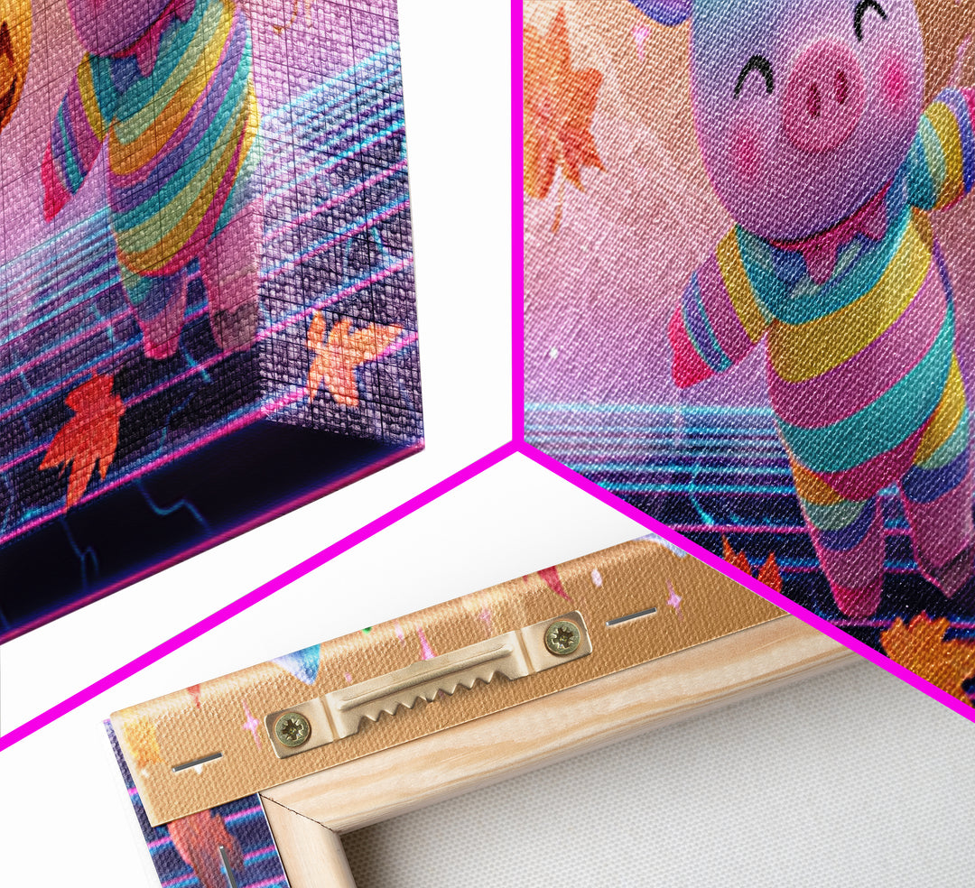 The Candy Corn Piglet, Synthwave Halloween Art, Extra Wide Wall Art, Framed Canvas Print, Retro Halloween Decor, Neon Wall Art