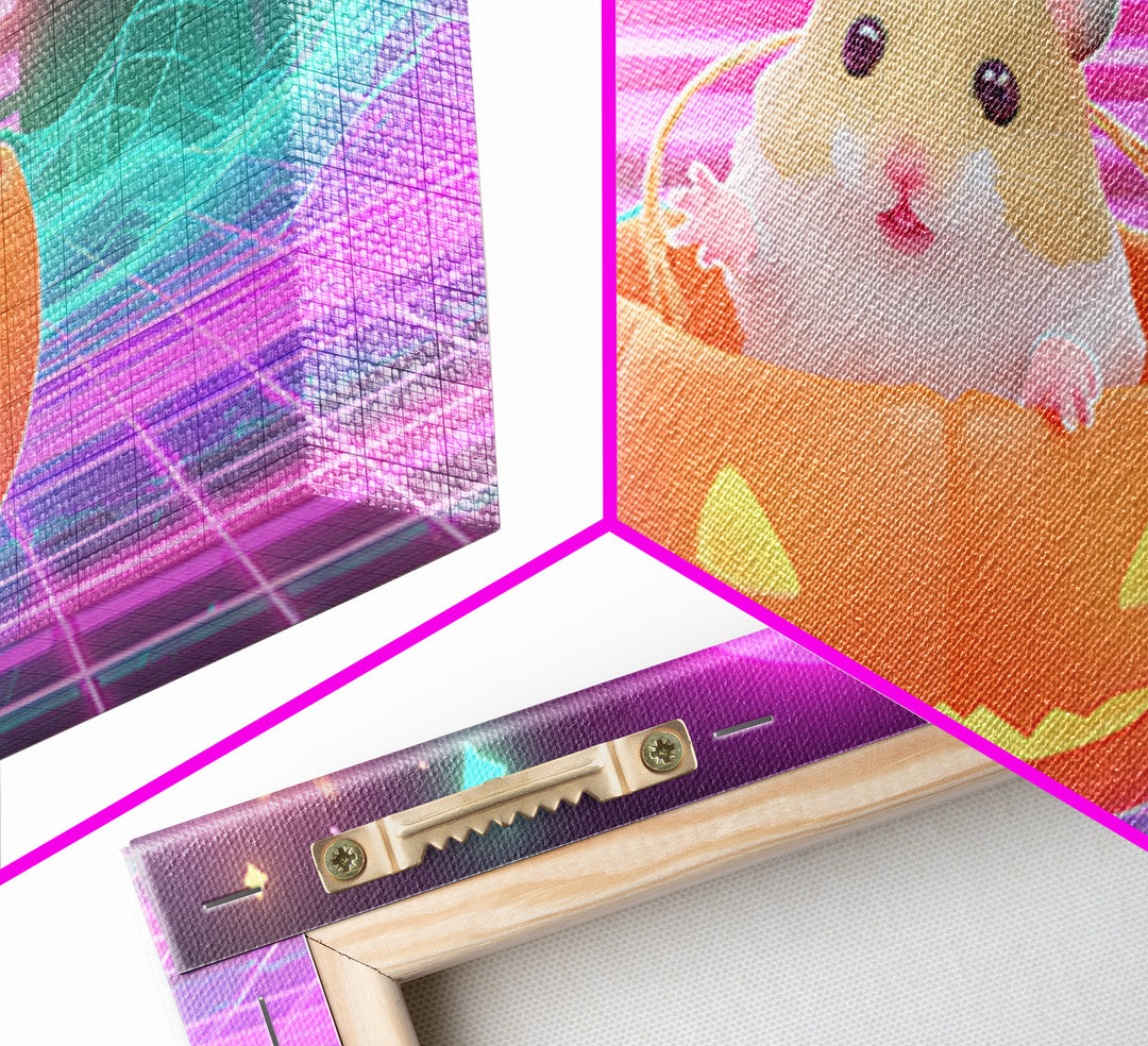 The Pumpkin Hamster, Retro Neon Halloween Art, Wide Panoramic Art, Framed Canvas Print, Retro Halloween Decor, Neon Wall Art