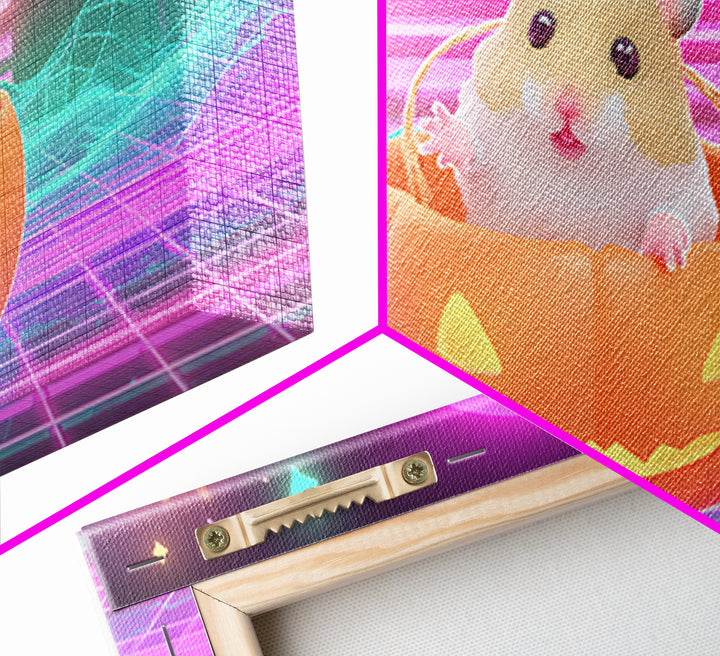 The Pumpkin Hamster, Retro Neon Halloween Art, Wide Panoramic Art, Framed Canvas Print, Retro Halloween Decor, Neon Wall Art