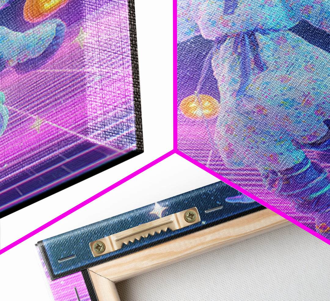 The Moonlight Pajama Witch, Synthwave Halloween Art, Square Wall Art, Canvas Print, Retro Halloween Decor, Neon Wall Art