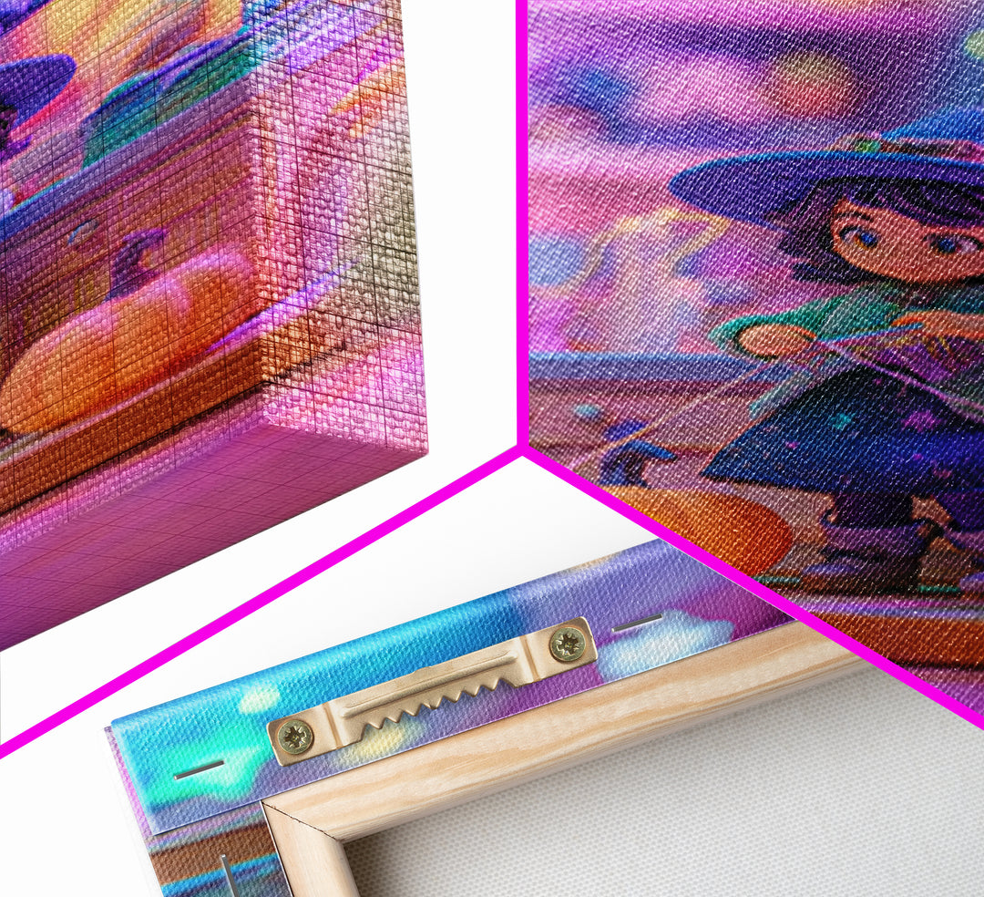 The Tiny Hat Shop Witch, Synthwave Halloween Art, Vertical Wall Art, Framed Canvas Print, Retro Halloween Decor, Neon Wall Art