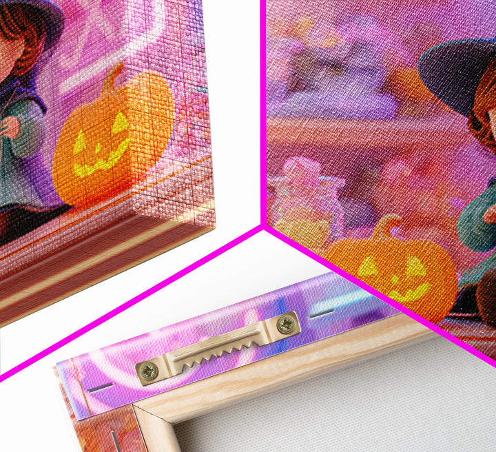 The Tiny Hat Shop Witch, Vaporwave Halloween Decor, Landscape Wall Art, Framed Canvas Print, Retro Halloween Decor, Neon Wall Art