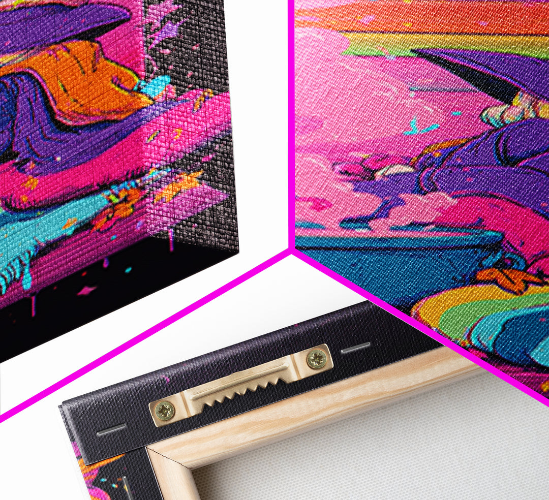 The Rainbow-Cauldron Witch, Vaporwave Halloween Decor, Vertical Wall Art, Canvas Print, Retro Halloween Decor, Neon Wall Art