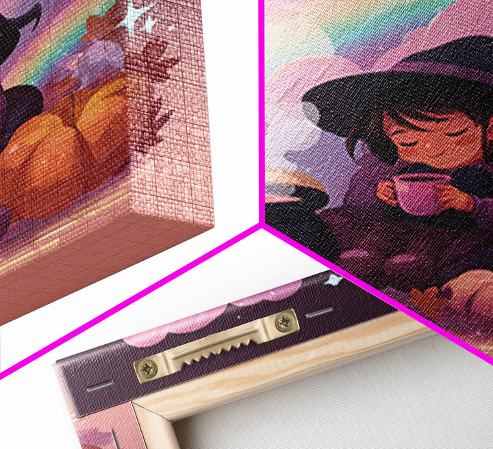 The Rainbow-Cauldron Witch, Vaporwave Halloween Decor, Square Wall Art, Framed Canvas Print, Retro Halloween Decor, Neon Wall Art