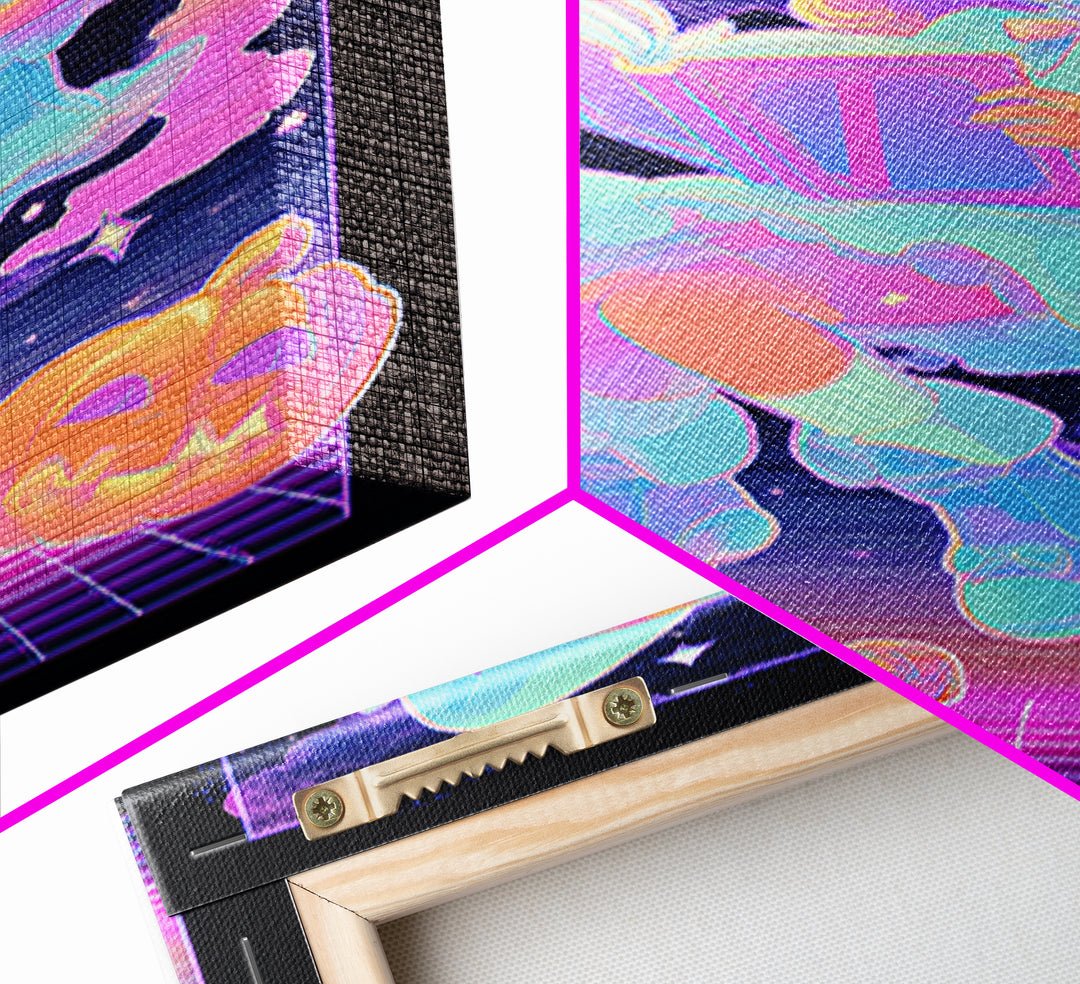 The Spellbook Sleepover, Synthwave Halloween Art, Vertical Wall Art, Canvas Print, Retro Halloween Decor, Neon Wall Art