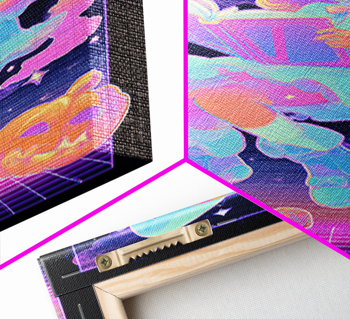 The Spellbook Sleepover, Synthwave Halloween Art, Vertical Wall Art, Canvas Print, Retro Halloween Decor, Neon Wall Art