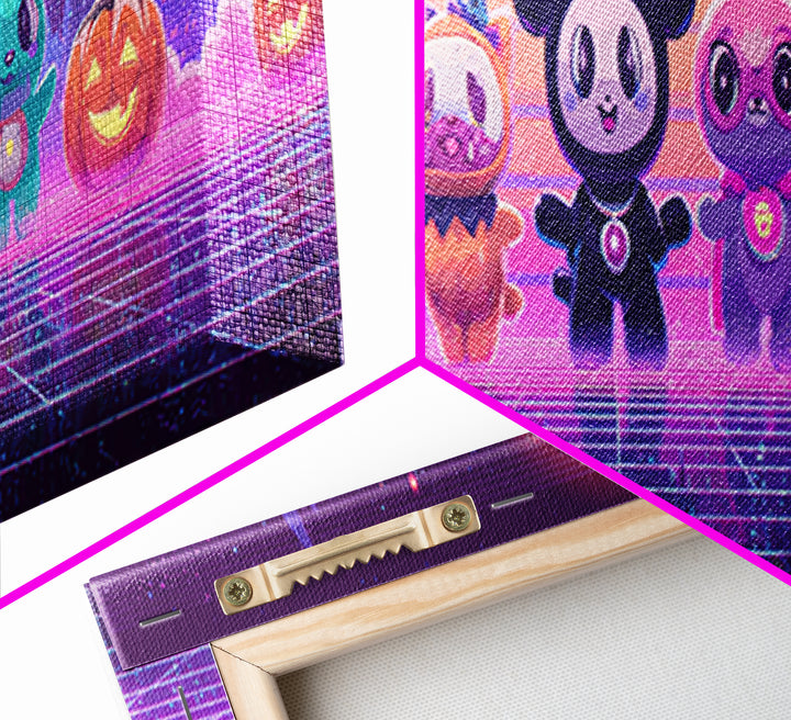 The Friendly Familiar Club, Cute Spooky Neon Art, Extra Wide Wall Art, Canvas Print, Retro Halloween Decor, Neon Wall Art
