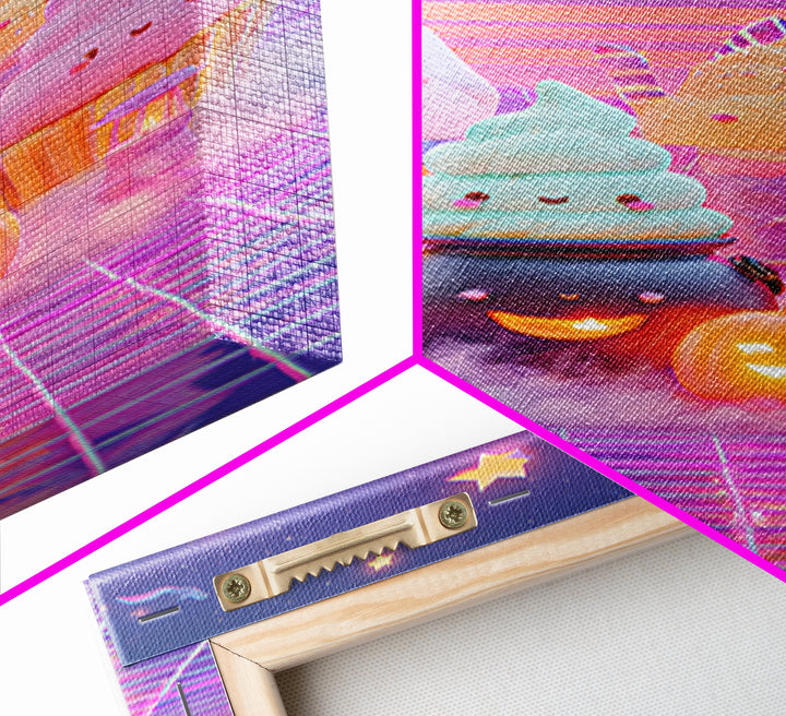 The Cupcake Cauldron Class, Vaporwave Halloween Decor, Vertical Wall Art, Canvas Print, Retro Halloween Decor, Neon Wall Art