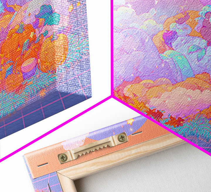 The Cloud-Catching Wizard, Cute Spooky Neon Art, Landscape Wall Art, Canvas Print, Retro Halloween Decor, Neon Wall Art