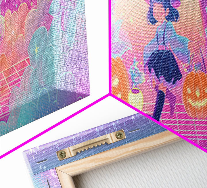 The Moon Garden Witch, 80s Halloween Wall Art, Extra Wide Wall Art, Framed Canvas Print, Retro Halloween Decor, Neon Wall Art