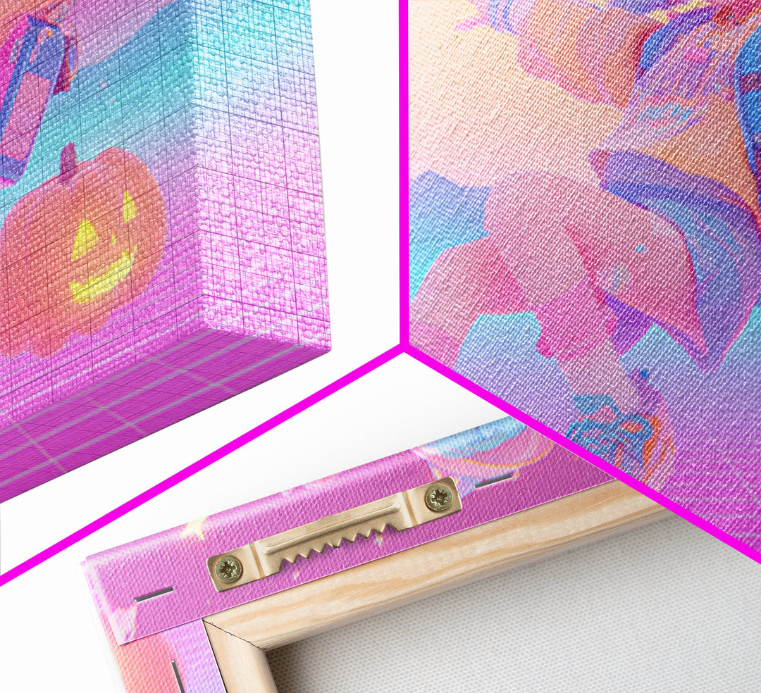 The Candy Map Adventurers, Retro Neon Halloween Art, Landscape Wall Art, Framed Canvas Print, Retro Halloween Decor, Neon Wall Art
