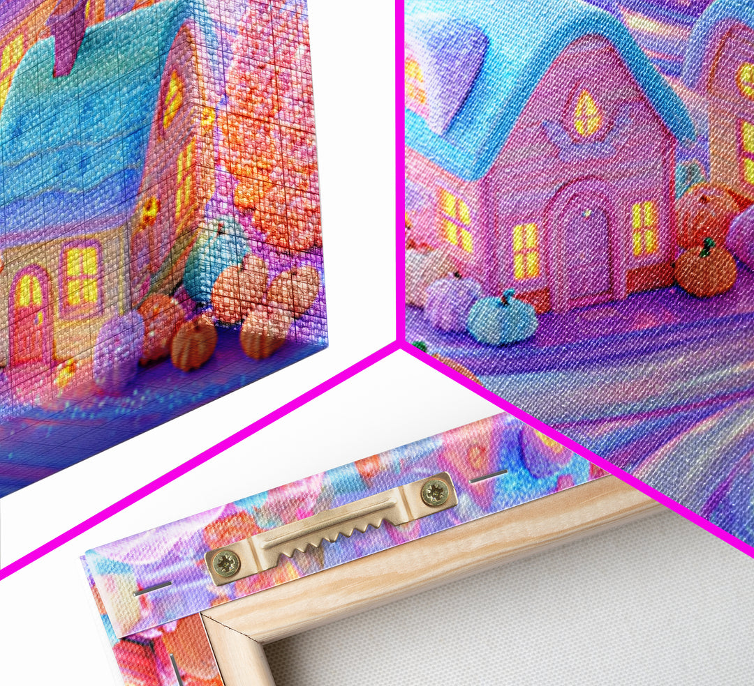 Candy Corn Village, 80s Halloween Wall Art, Landscape Wall Art, Framed Canvas Print, Retro Halloween Decor, Neon Wall Art, Spooky Wall Decor
