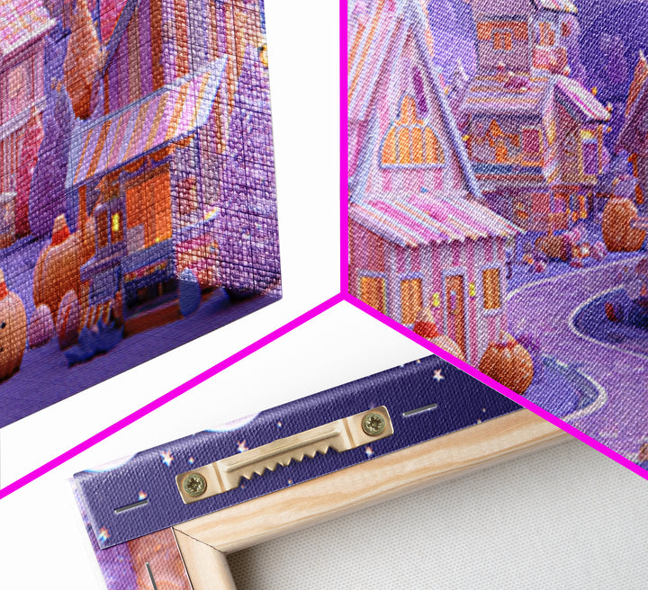 Candy Corn Village, 80s Halloween Wall Art, Wide Panoramic Art, Framed Canvas Print, Retro Halloween Decor, Neon Wall Art