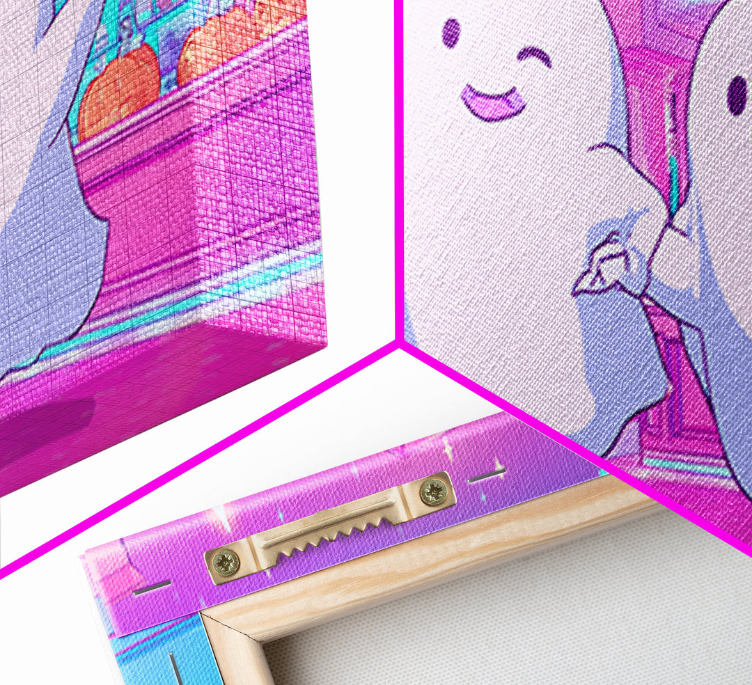The Friendly Ghost Hotel, Cute Spooky Neon Art, Wide Panoramic Art, Framed Canvas Print, Retro Halloween Decor, Neon Wall Art