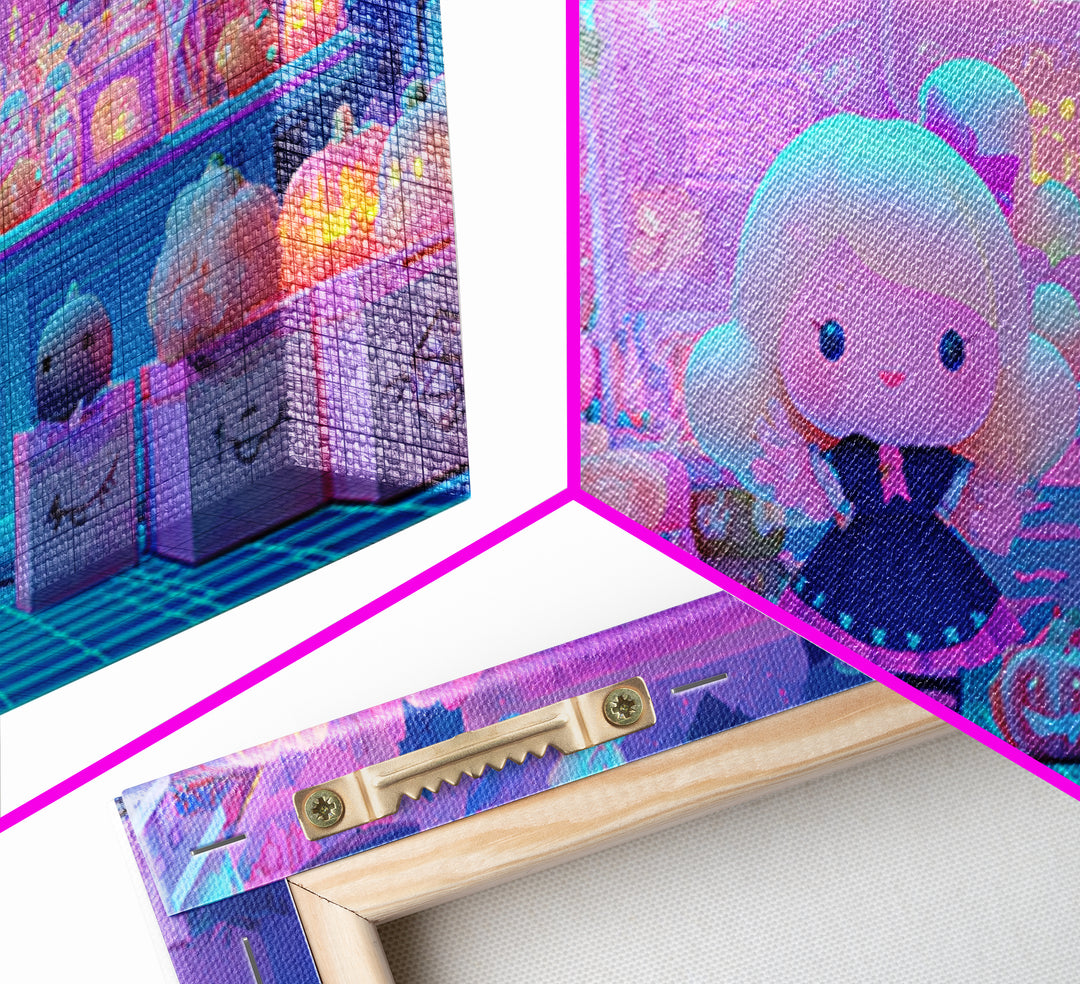 The Moonlight Toy Shop, Vaporwave Halloween Decor, Wide Panoramic Art, Canvas Print, Retro Halloween Decor, Neon Wall Art
