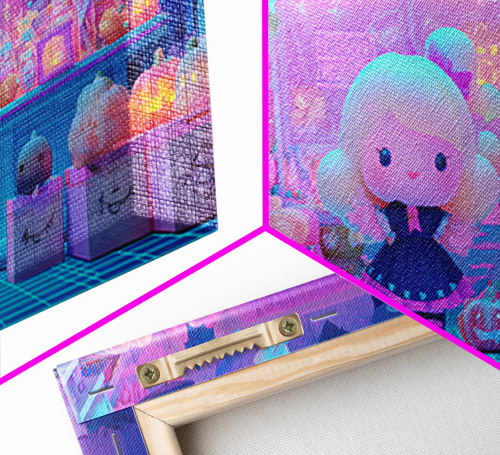 The Moonlight Toy Shop, Vaporwave Halloween Decor, Wide Panoramic Art, Canvas Print, Retro Halloween Decor, Neon Wall Art