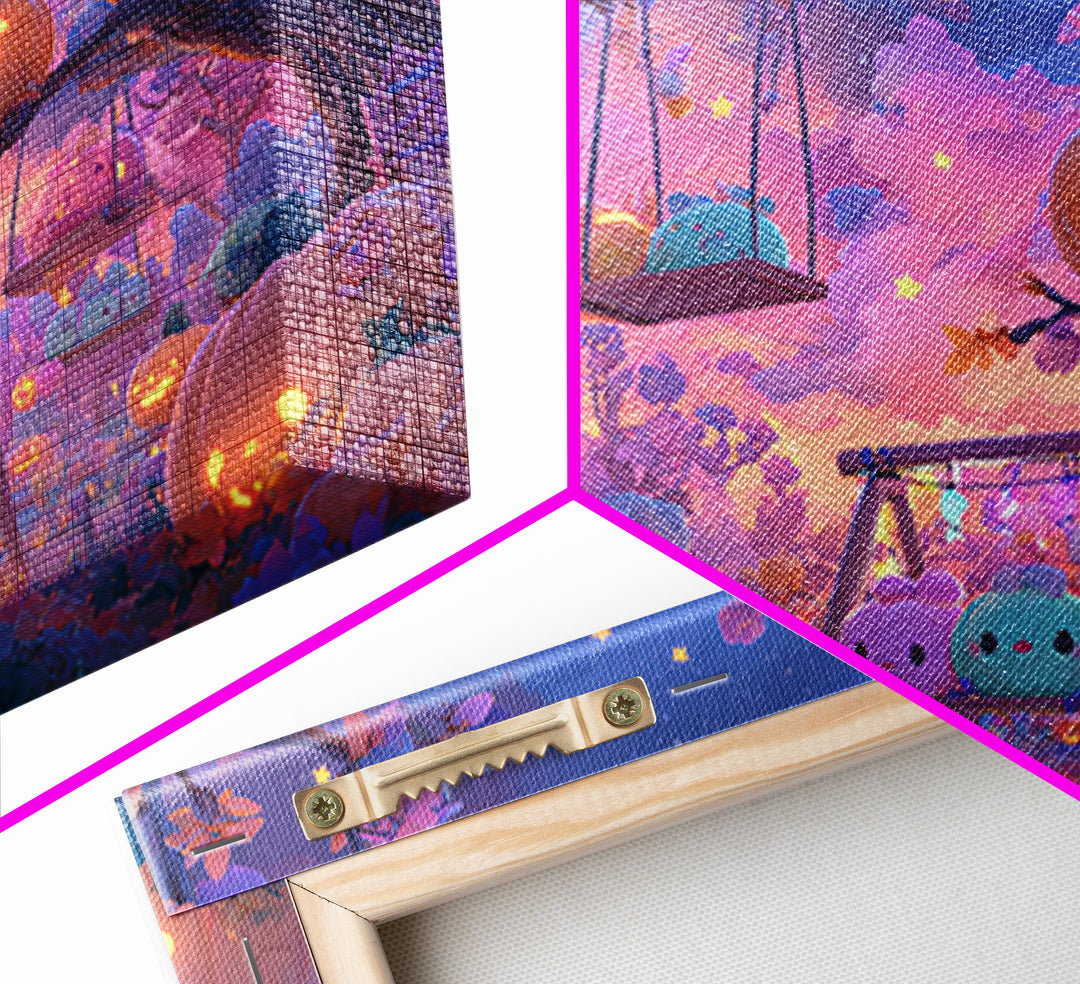 The Pumpkin Patch Playground, Synthwave Halloween Art, Landscape Wall Art, Canvas Print, Retro Halloween Decor, Neon Wall Art