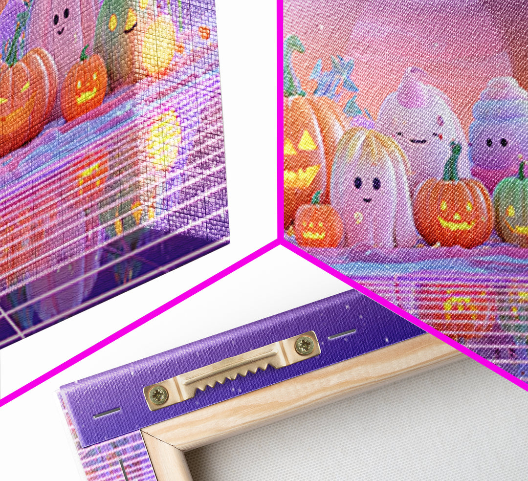 The Pumpkin Patch Playground, Vaporwave Halloween Decor, Wide Panoramic Art, Framed Canvas Print, Retro Halloween Decor, Neon Wall Art