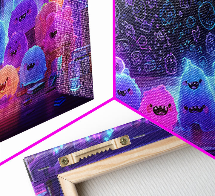 The Little Monster School, Vaporwave Halloween Decor, Wide Panoramic Art, Canvas Print, Retro Halloween Decor, Neon Wall Art