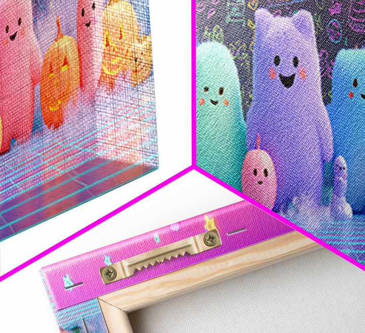 The Little Monster School, Retro Neon Halloween Art, Extra Wide Wall Art, Canvas Print, Retro Halloween Decor, Neon Wall Art