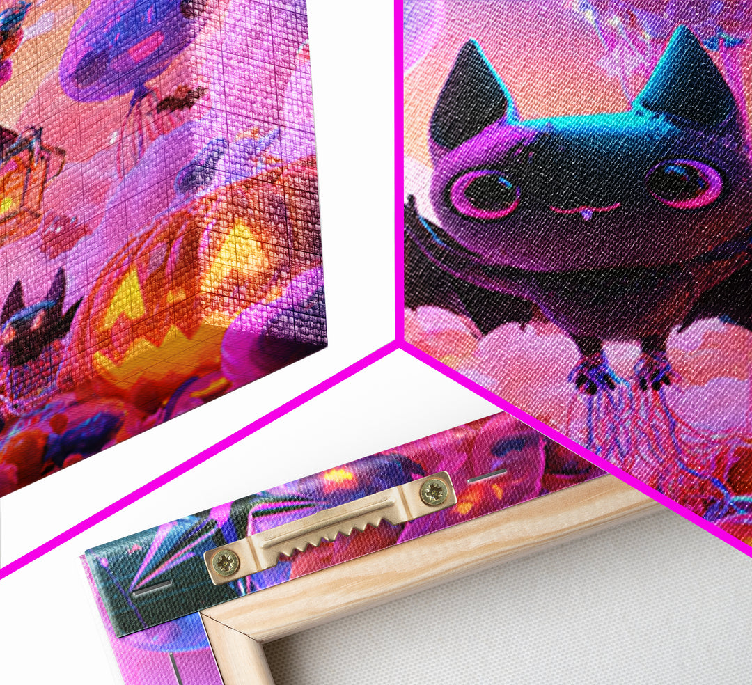The Bat Balloon Factory, Synthwave Halloween Art, Square Wall Art, Canvas Print, Retro Halloween Decor, Neon Wall Art, Macabre Wall Art