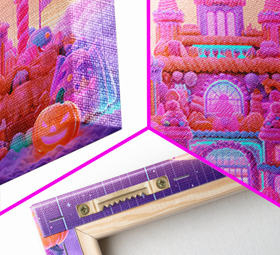 The Candy Castle, Retro Neon Halloween Art, Landscape Wall Art, Framed Canvas Print, Retro Halloween Decor, Neon Wall Art