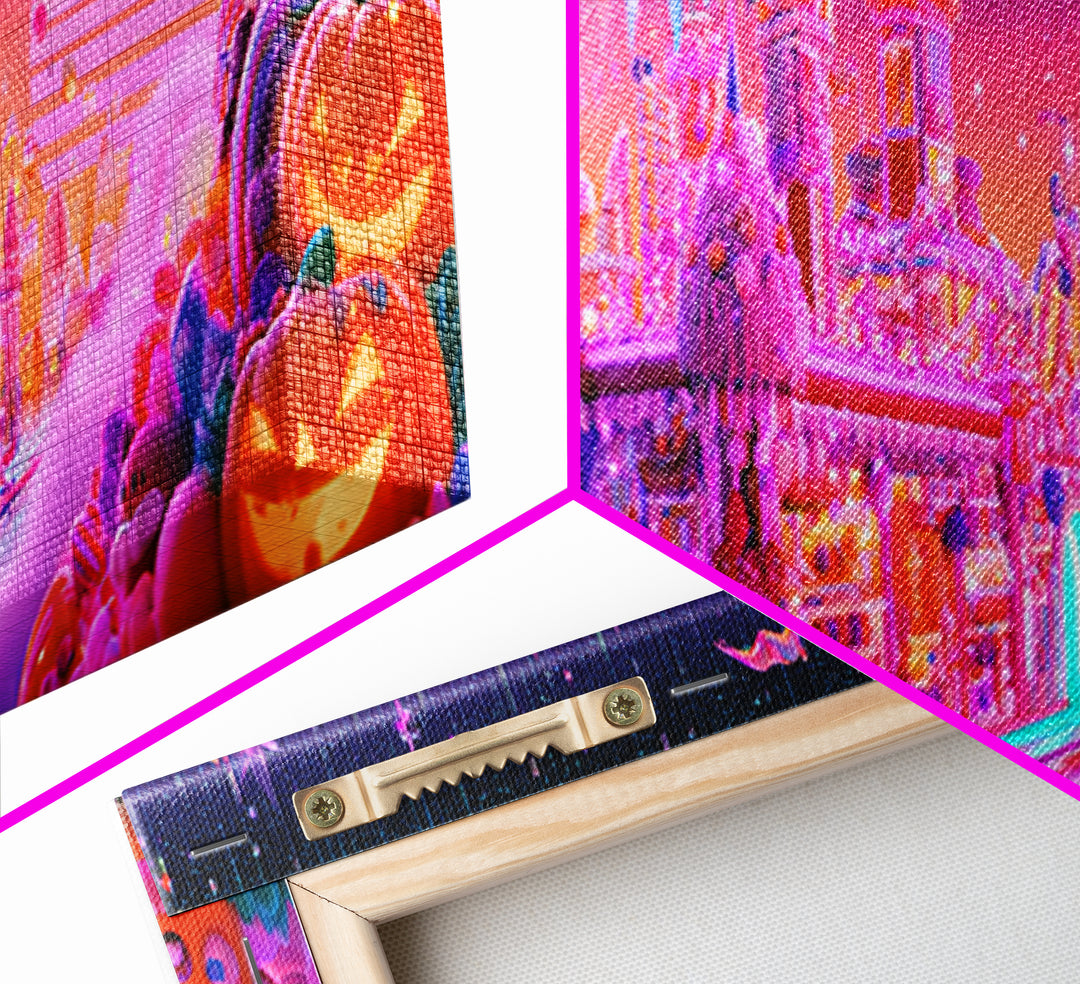 The Candy Castle, Vaporwave Halloween Decor, Extra Wide Wall Art, Canvas Print, Retro Halloween Decor, Neon Wall Art, Spooky Wall Decor
