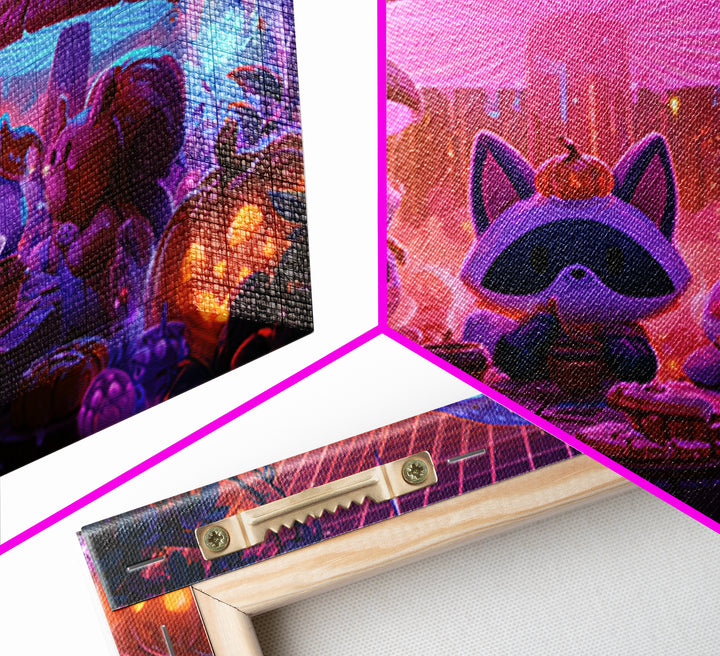 The Friendly Forest Cafe, Synthwave Halloween Art, Landscape Wall Art, Framed Canvas Print, Retro Halloween Decor, Neon Wall Art