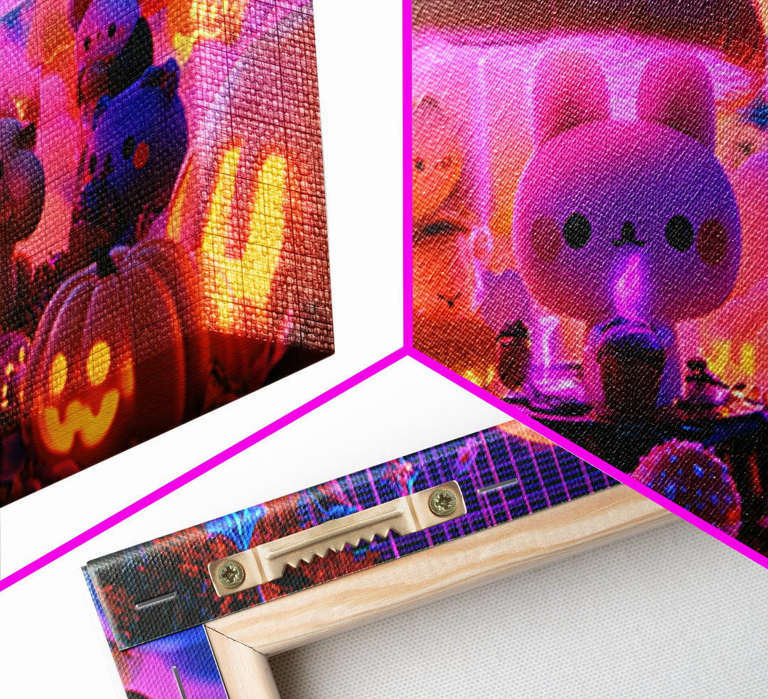 The Friendly Forest Cafe, Retro Neon Halloween Art, Wide Panoramic Art, Framed Canvas Print, Retro Halloween Decor, Neon Wall Art