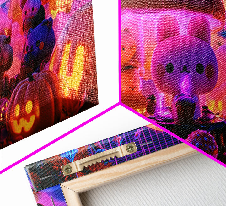 The Friendly Forest Cafe, Retro Neon Halloween Art, Wide Panoramic Art, Framed Canvas Print, Retro Halloween Decor, Neon Wall Art