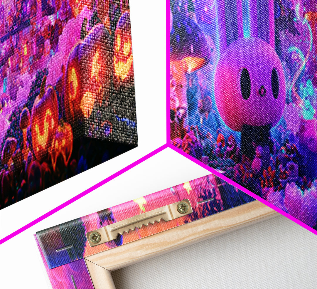 The Friendly Forest Cafe, Cute Spooky Neon Art, Extra Wide Wall Art, Canvas Print, Retro Halloween Decor, Neon Wall Art, Dark Fantasy Art