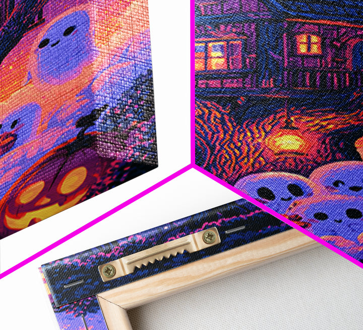 The Ghostly Treehouse, Vaporwave Halloween Decor, Vertical Wall Art, Canvas Print, Retro Halloween Decor, Neon Wall Art, Statement Wall Art