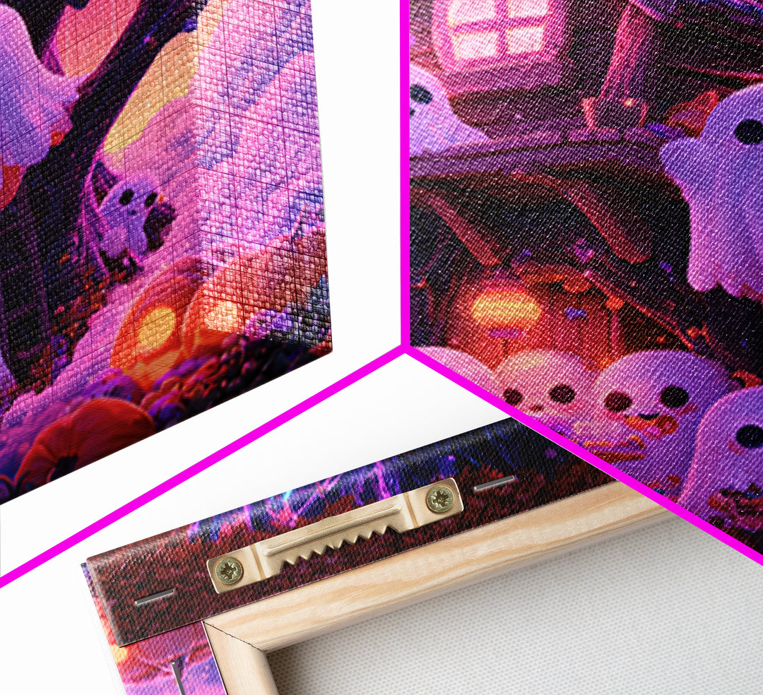 The Ghostly Treehouse, 80s Halloween Wall Art, Square Wall Art, Framed Canvas Print, Retro Halloween Decor, Neon Wall Art
