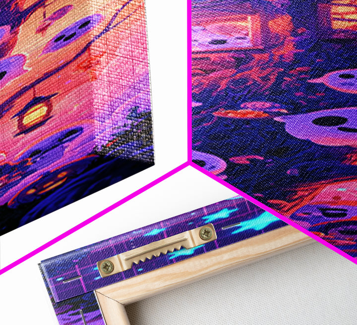 The Ghostly Treehouse, Synthwave Halloween Art, Tall Narrow Wall Art, Canvas Print, Retro Halloween Decor, Neon Wall Art, Macabre Wall Art