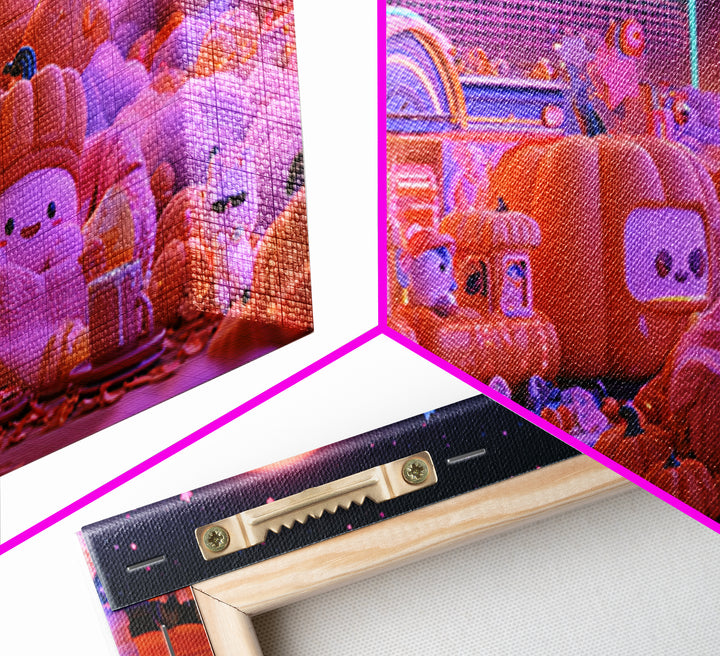 The Pumpkin Train Station, 80s Halloween Wall Art, Wide Panoramic Art, Framed Canvas Print, Retro Halloween Decor, Neon Wall Art