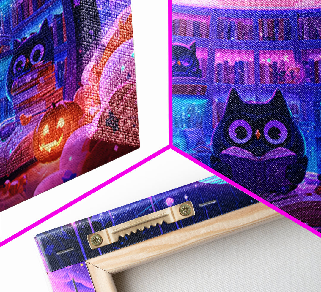 The Moonbeam Library, Synthwave Halloween Art, Landscape Wall Art, Canvas Print, Retro Halloween Decor, Neon Wall Art, Horror Wall Art