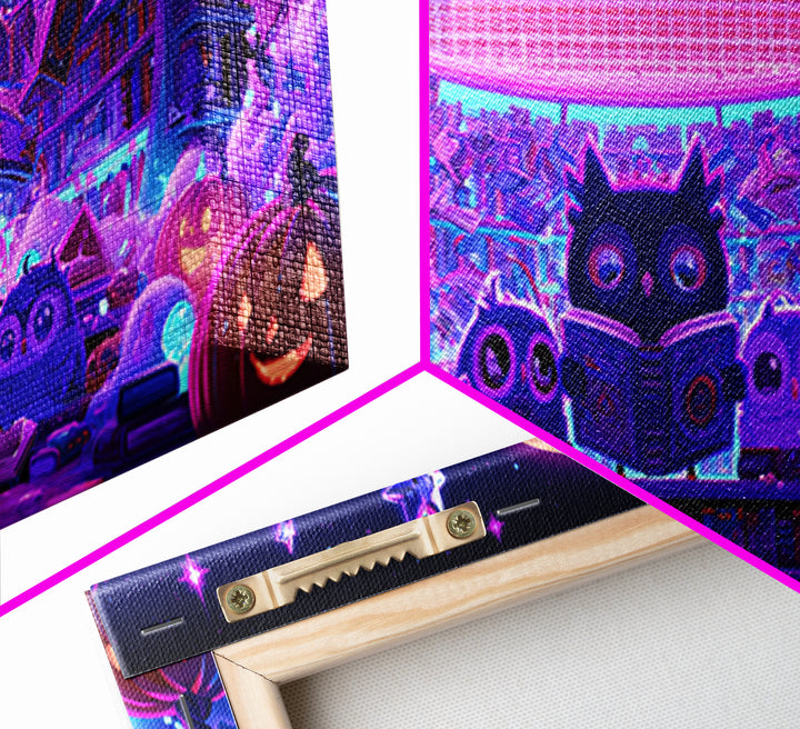 The Moonbeam Library, Vaporwave Halloween Decor, Wide Panoramic Art, Canvas Print, Retro Halloween Decor, Neon Wall Art, Macabre Wall Art