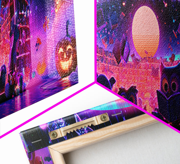 The Moonbeam Library, Cute Spooky Neon Art, Extra Wide Wall Art, Framed Canvas Print, Retro Halloween Decor, Neon Wall Art, Dark Fantasy Art