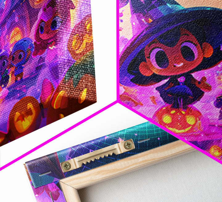 The Trick-Or-Treat Village Square, Synthwave Halloween Art, Landscape Wall Art, Framed Canvas Print, Retro Halloween Decor, Neon Wall Art