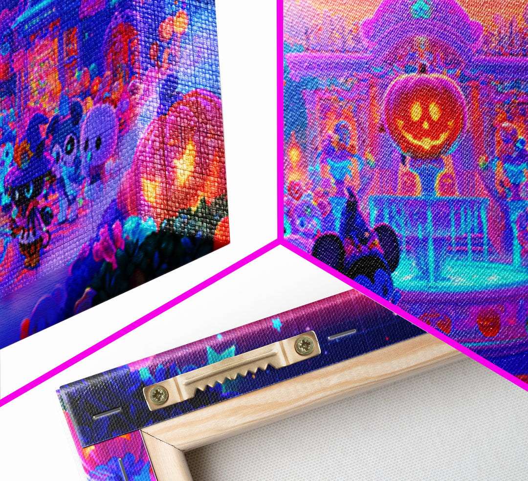 The Trick-Or-Treat Village Square, Synthwave Halloween Art, Wide Panoramic Art, Framed Canvas Print, Retro Halloween Decor, Neon Wall Art
