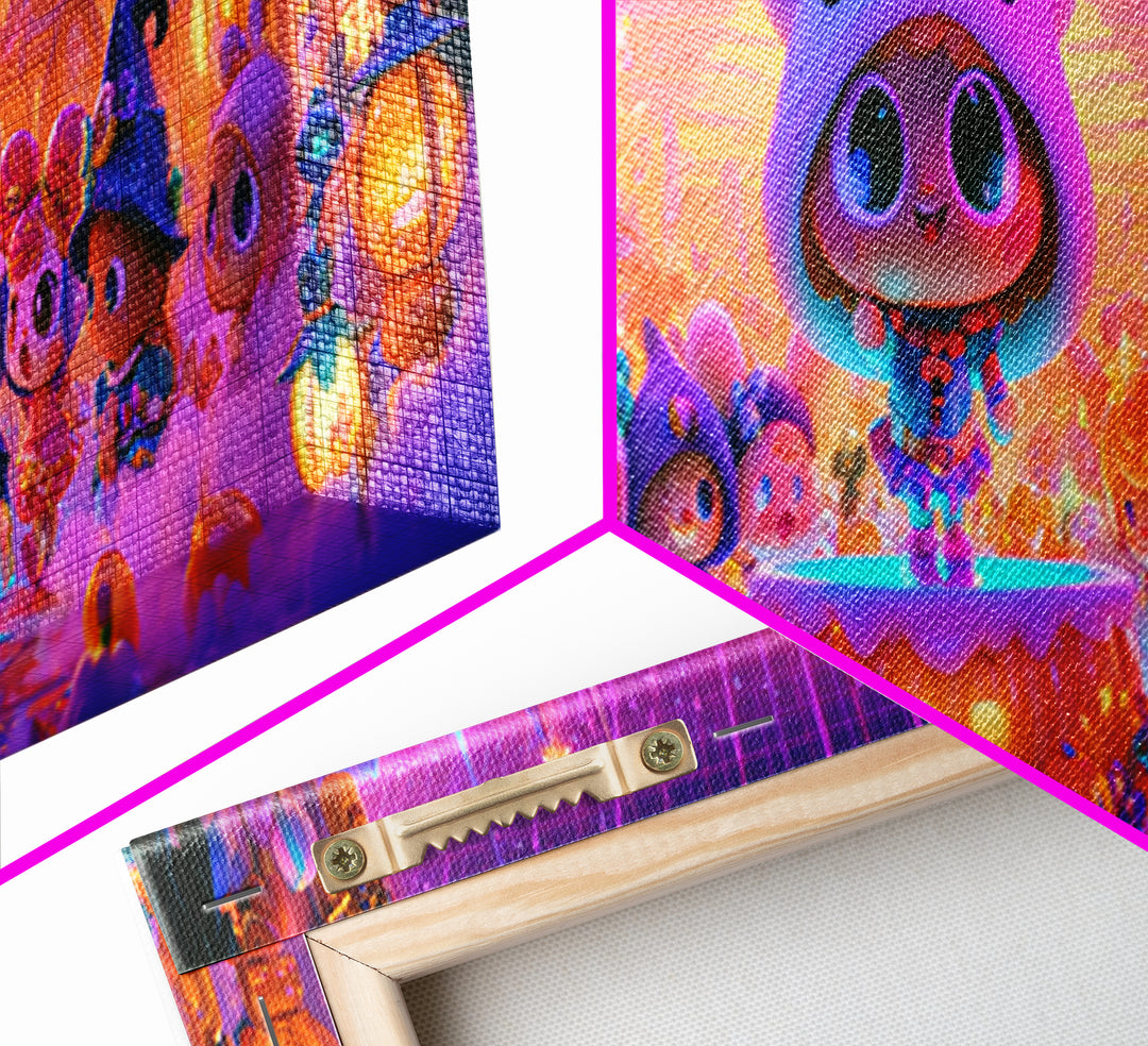 The Trick-Or-Treat Village Square, 80s Halloween Wall Art, Extra Wide Wall Art, Framed Canvas Print, Retro Halloween Decor, Neon Wall Art