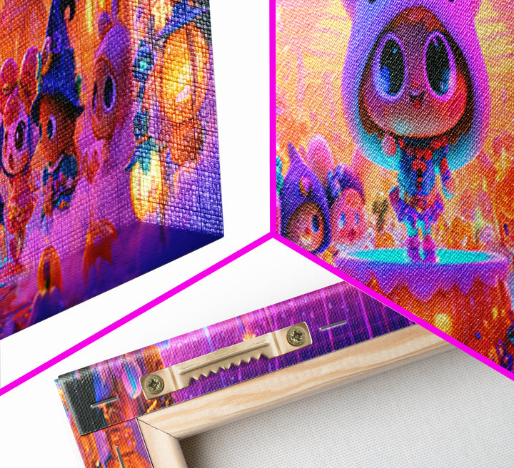 The Trick-Or-Treat Village Square, 80s Halloween Wall Art, Extra Wide Wall Art, Framed Canvas Print, Retro Halloween Decor, Neon Wall Art
