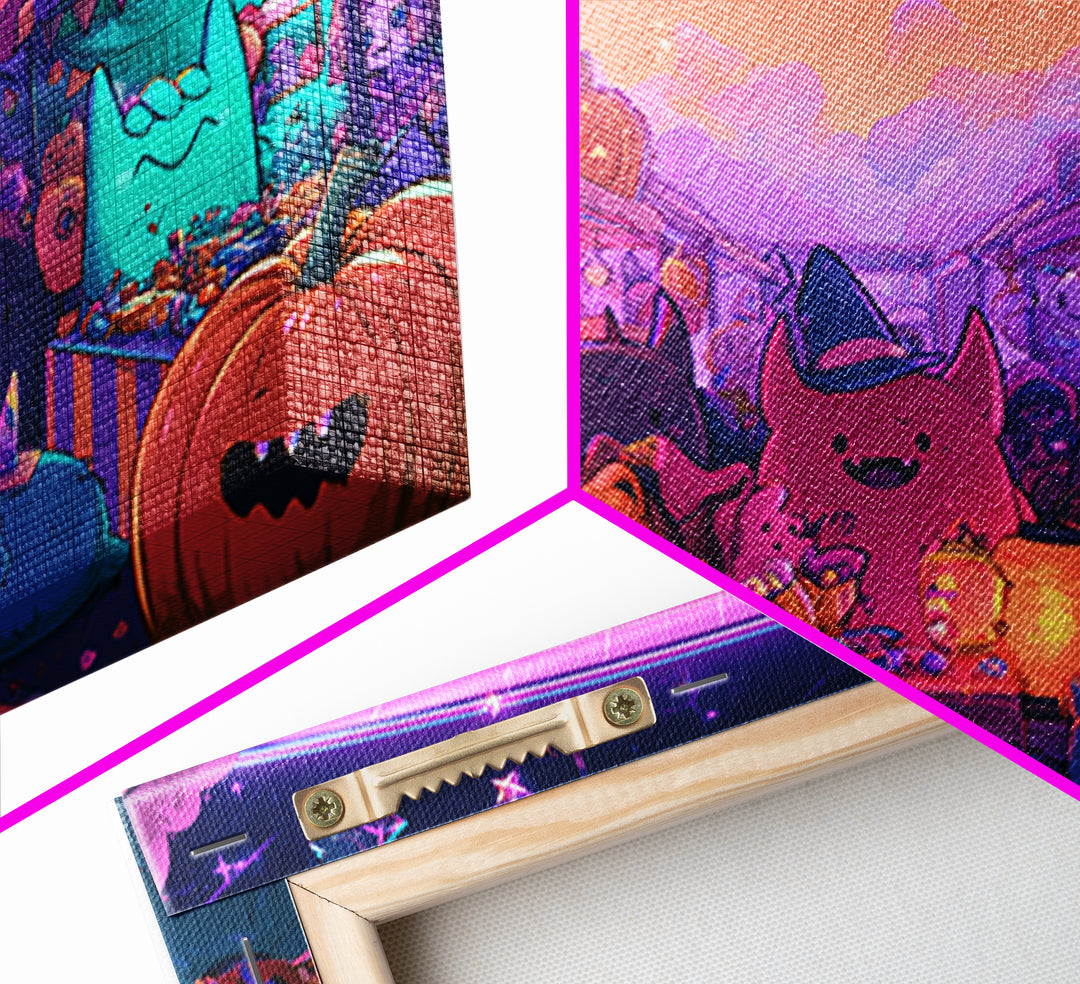 The Friendly Monster Market, Vaporwave Halloween Decor, Landscape Wall Art, Framed Canvas Print, Retro Halloween Decor, Neon Wall Art