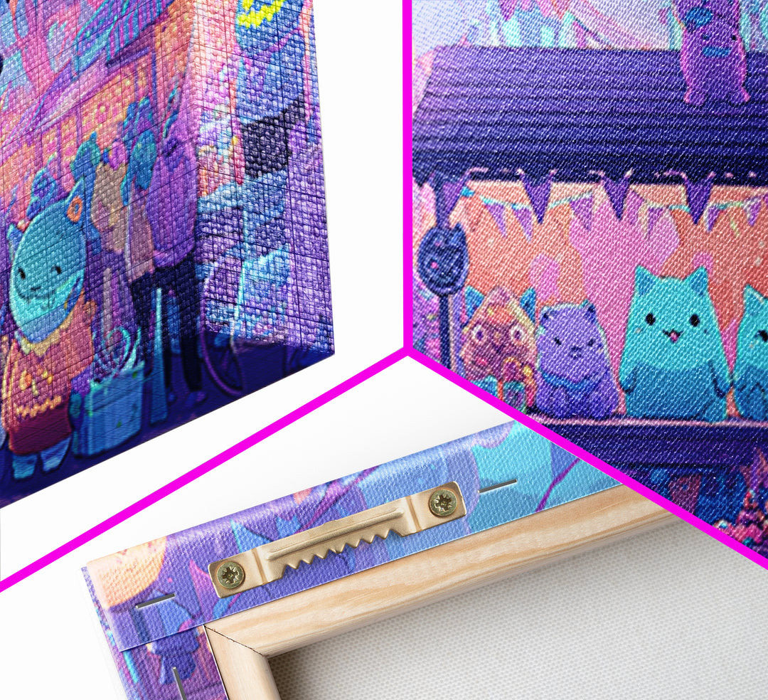 The Friendly Monster Market, 80s Halloween Wall Art, Wide Panoramic Art, Framed Canvas Print, Retro Halloween Decor, Neon Wall Art