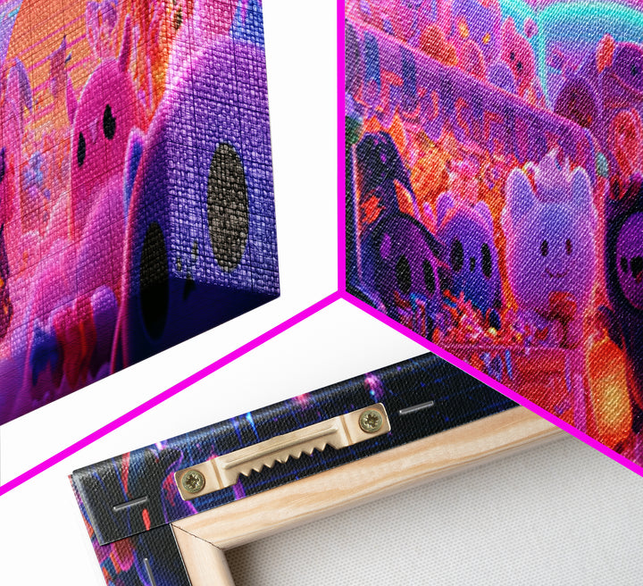 The Friendly Monster Market, 80s Halloween Wall Art, Extra Wide Wall Art, Framed Canvas Print, Retro Halloween Decor, Neon Wall Art