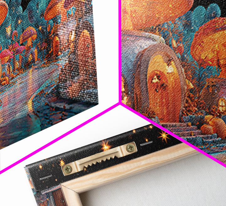 The Lantern-Lit Mushroom Village, Retro Neon Halloween Art, Wide Panoramic Art, Canvas Print, Retro Halloween Decor, Neon Wall Art