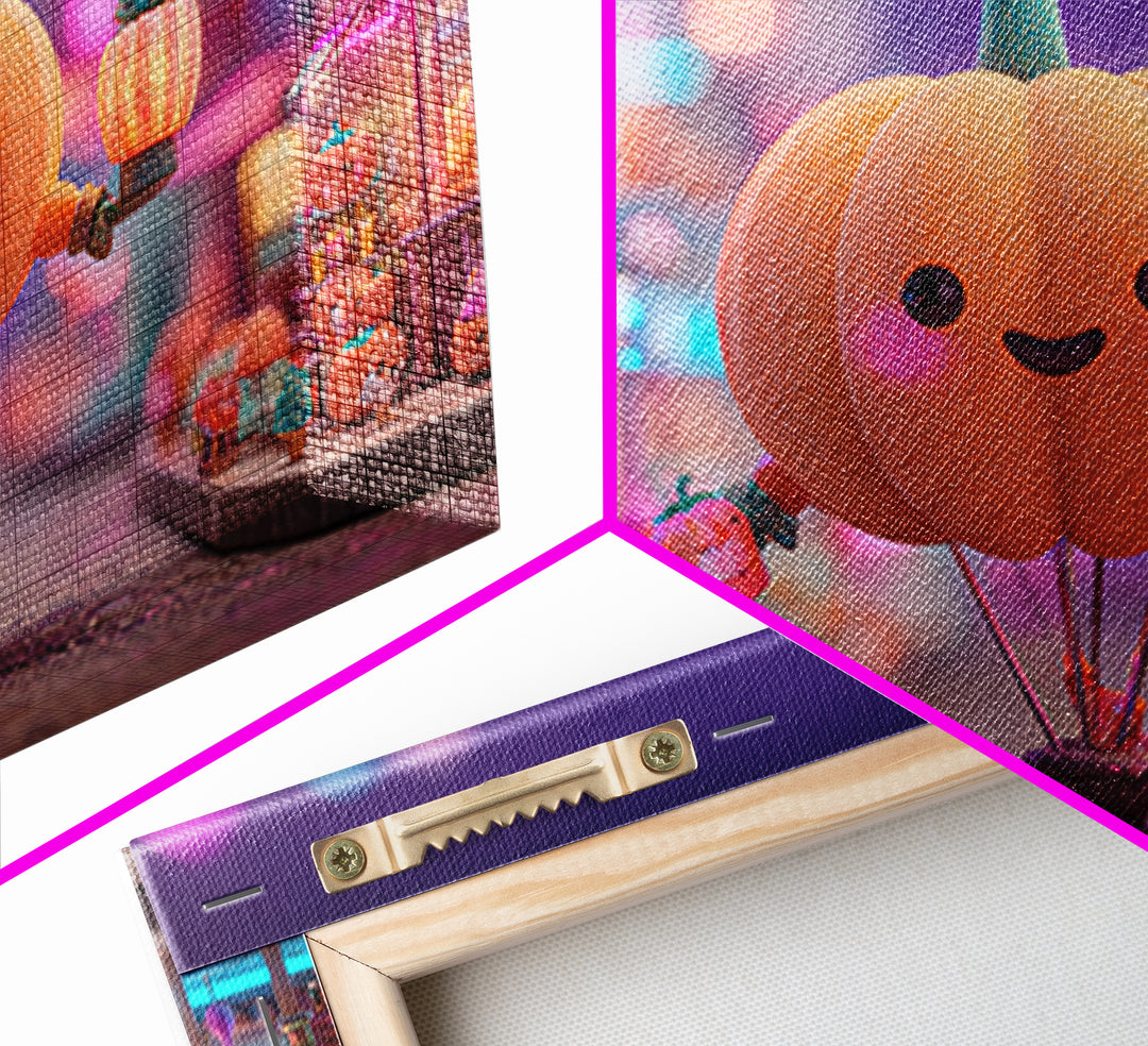 The Pumpkin Balloon Parade, Cute Spooky Neon Art, Landscape Wall Art, Framed Canvas Print, Retro Halloween Decor, Neon Wall Art